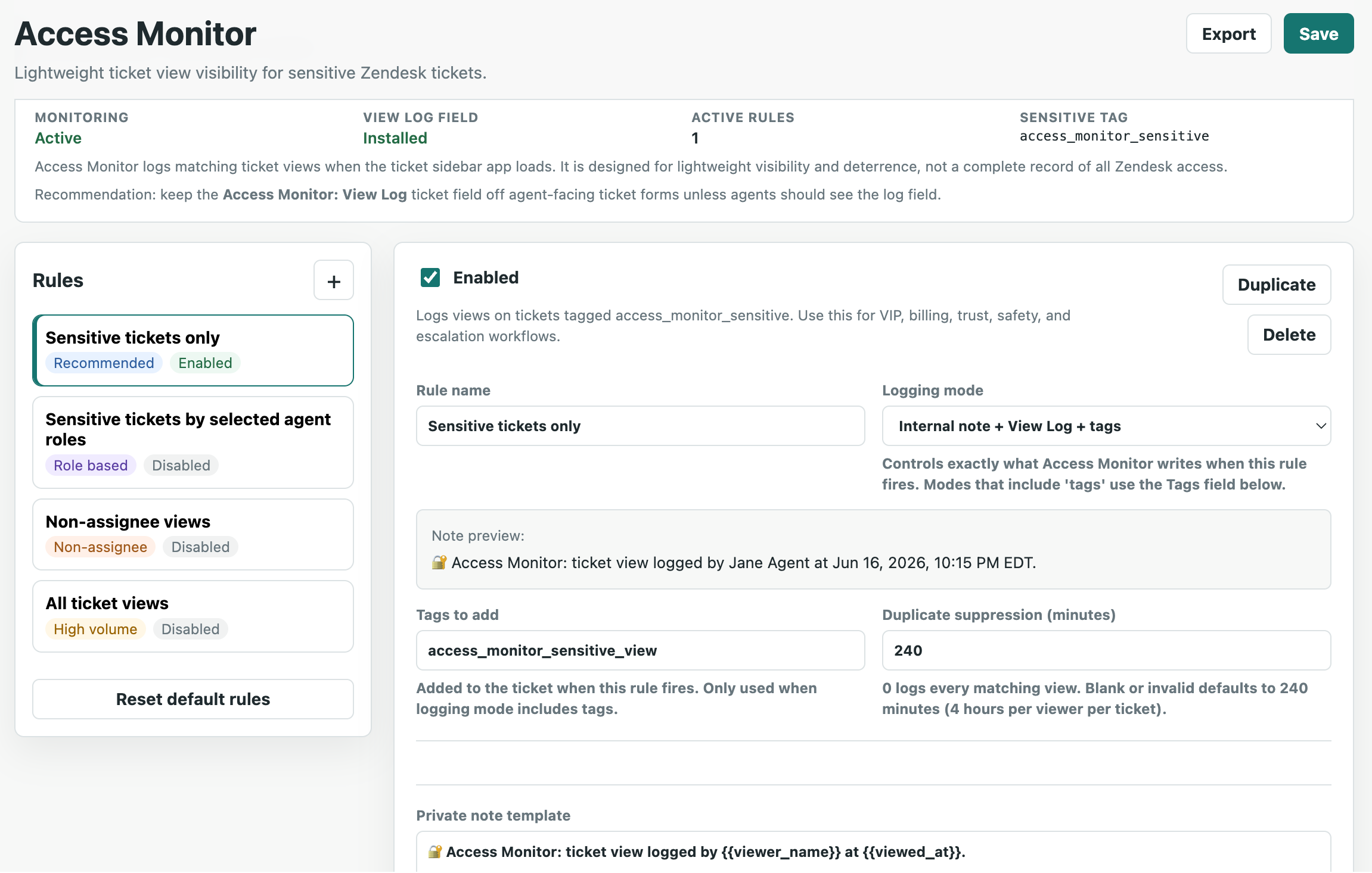 Access Monitor admin rules screen in Zendesk