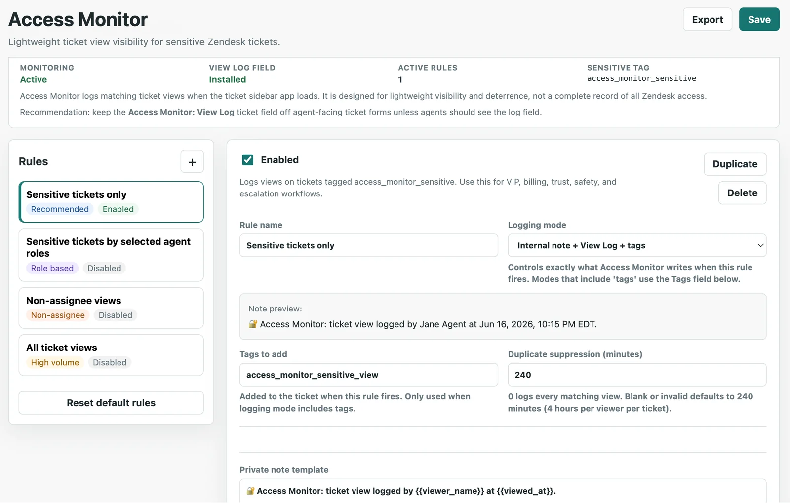 Access Monitor admin rules screen in Zendesk
