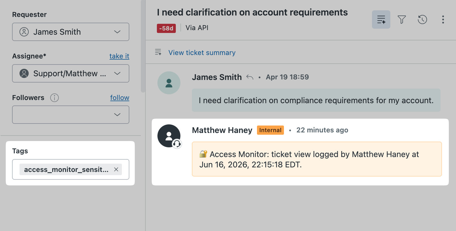 Access Monitor internal note logged in a Zendesk ticket