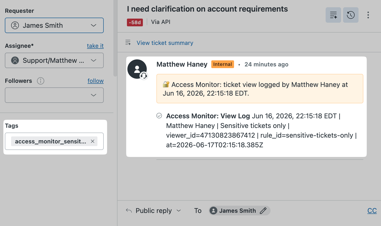 Access Monitor View Log field and ticket event details in Zendesk