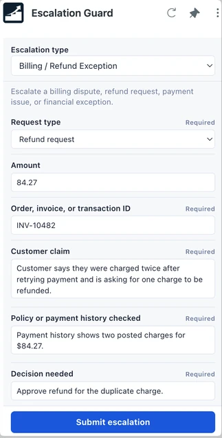 The Escalation Guard form in the Zendesk ticket sidebar, with required fields for a billing and refund exception escalation