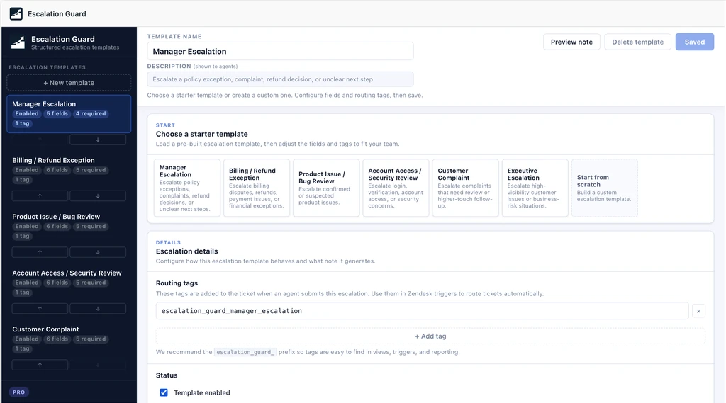 Escalation Guard Template Builder in Zendesk showing escalation templates, starter templates, routing tags, and the enabled toggle
