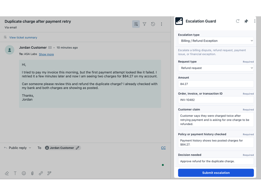 Escalation Guard sidebar form in a Zendesk ticket showing a billing and refund exception escalation