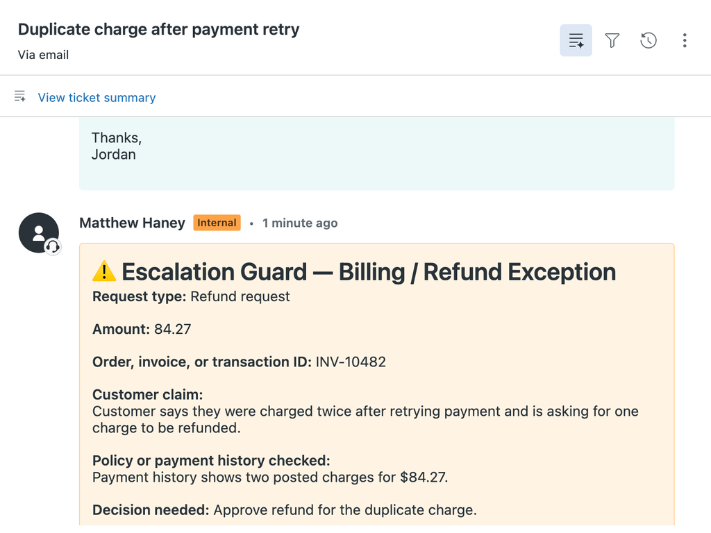 Escalation Guard internal note added to a Zendesk ticket with structured escalation details