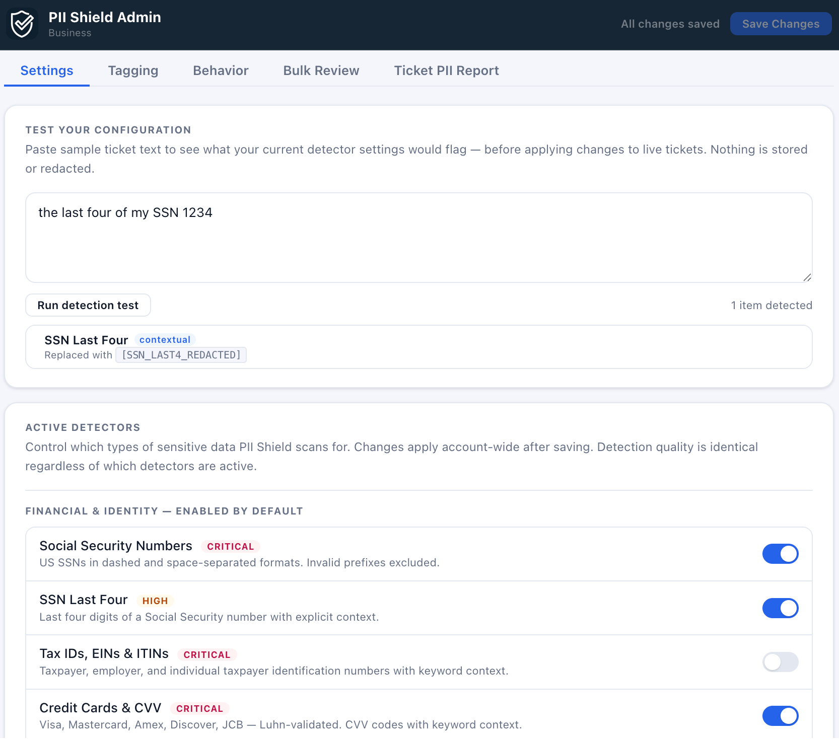 PII Shield admin configuration page in Zendesk