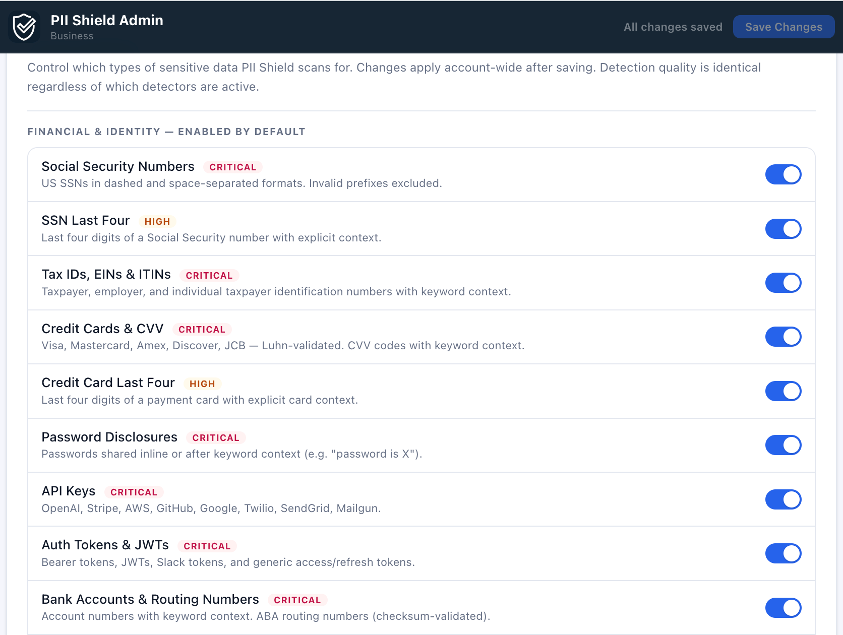 PII Shield detector settings in Zendesk