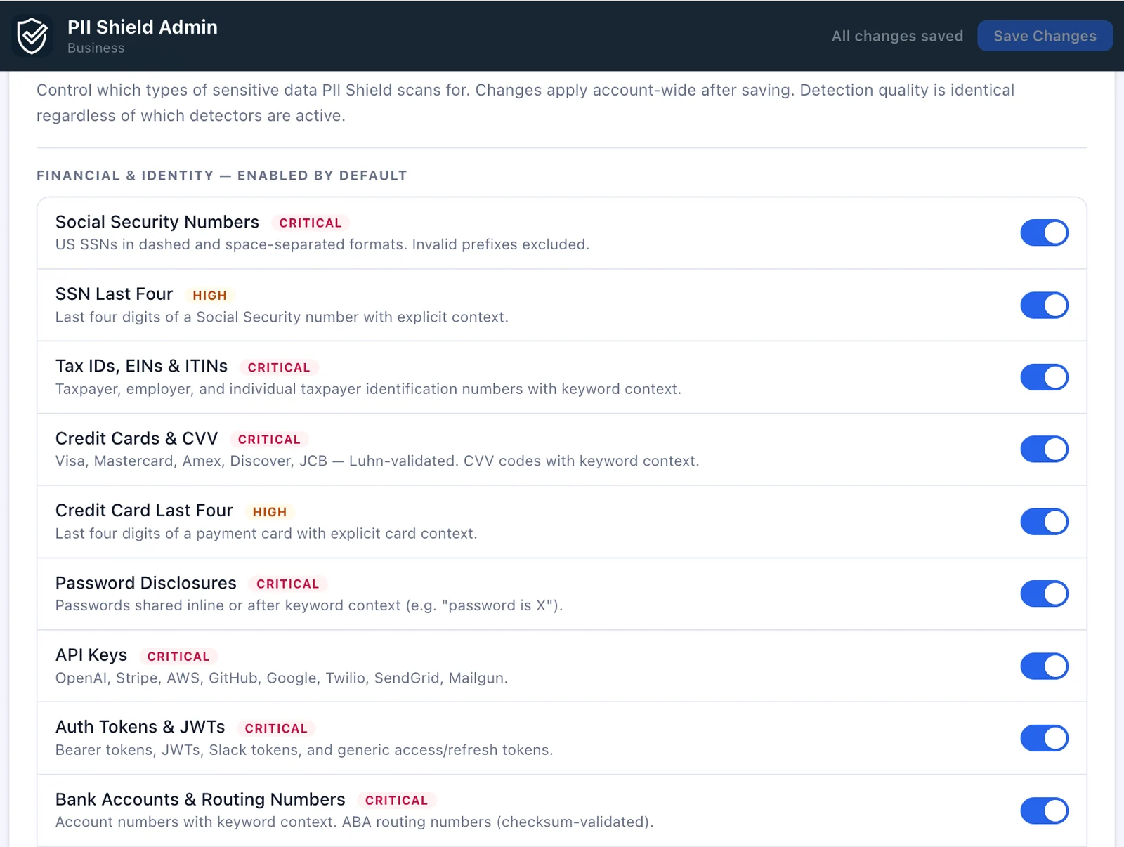 PII Shield detector settings in Zendesk