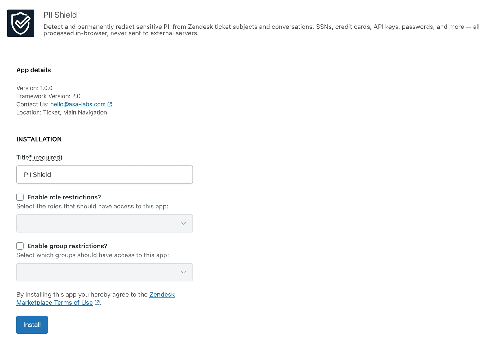 Installing PII Shield from the Zendesk Marketplace