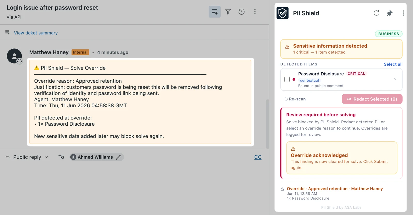 PII Shield solve override workflow in Zendesk