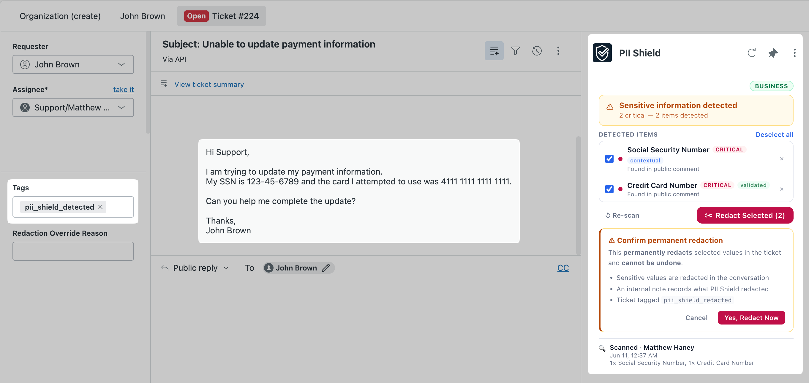 PII Shield detecting sensitive information in a Zendesk ticket sidebar