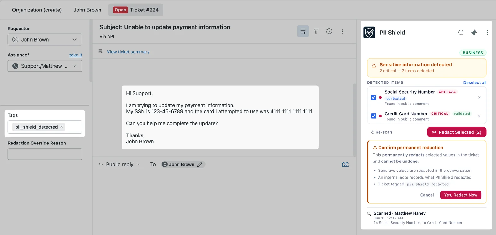 PII Shield detecting sensitive information in a Zendesk ticket sidebar
