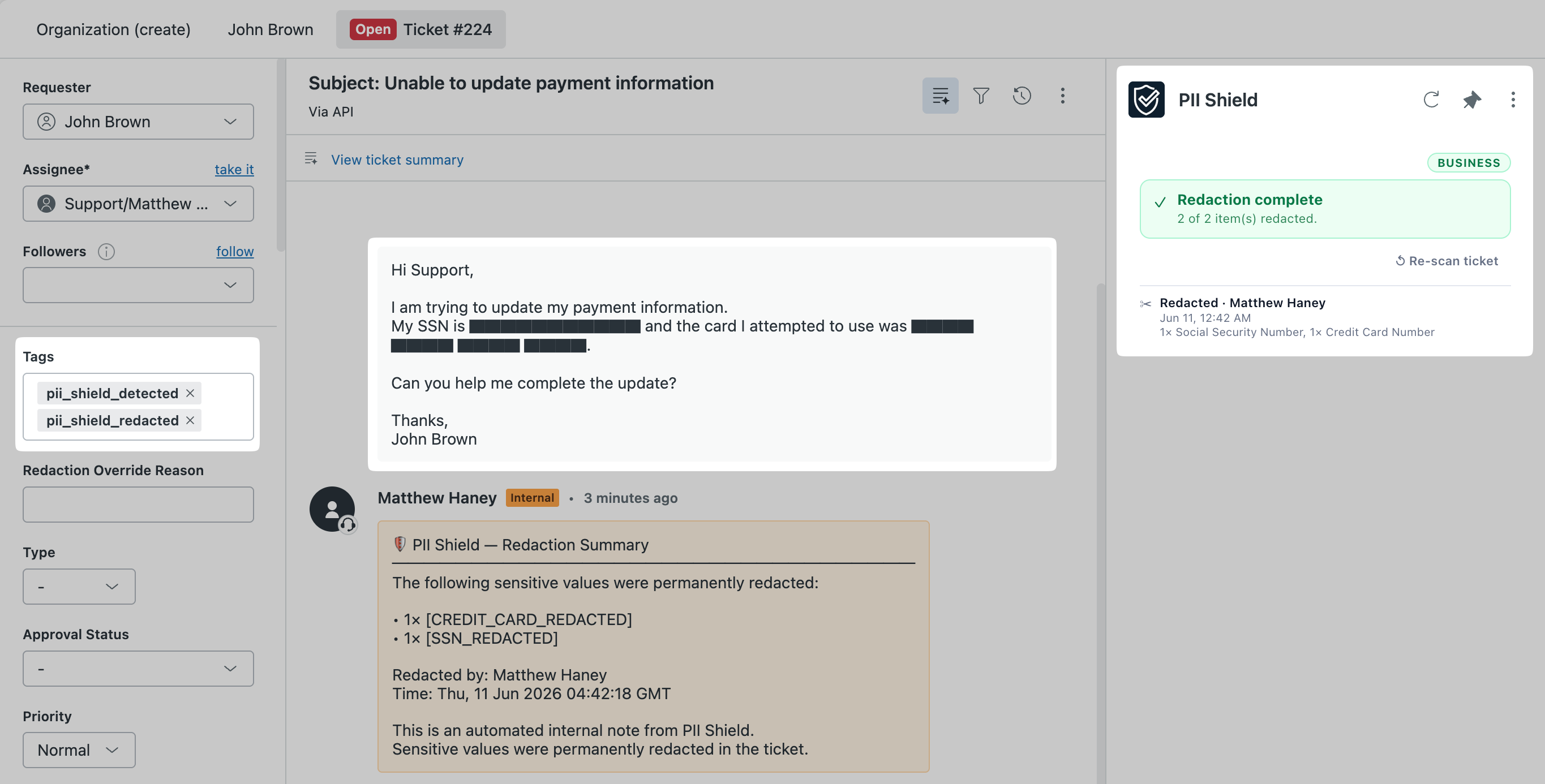 PII Shield showing completed redaction in Zendesk ticket