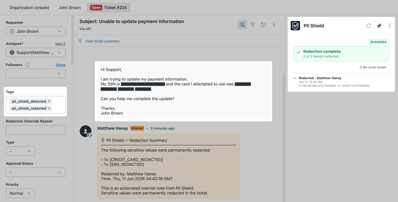PII Shield showing completed redaction in Zendesk ticket
