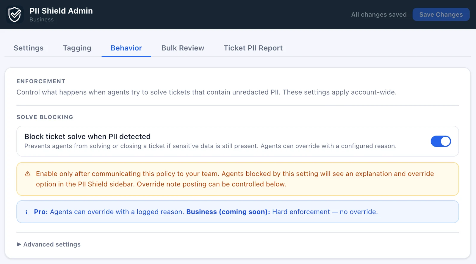 PII Shield solve blocking settings in Zendesk