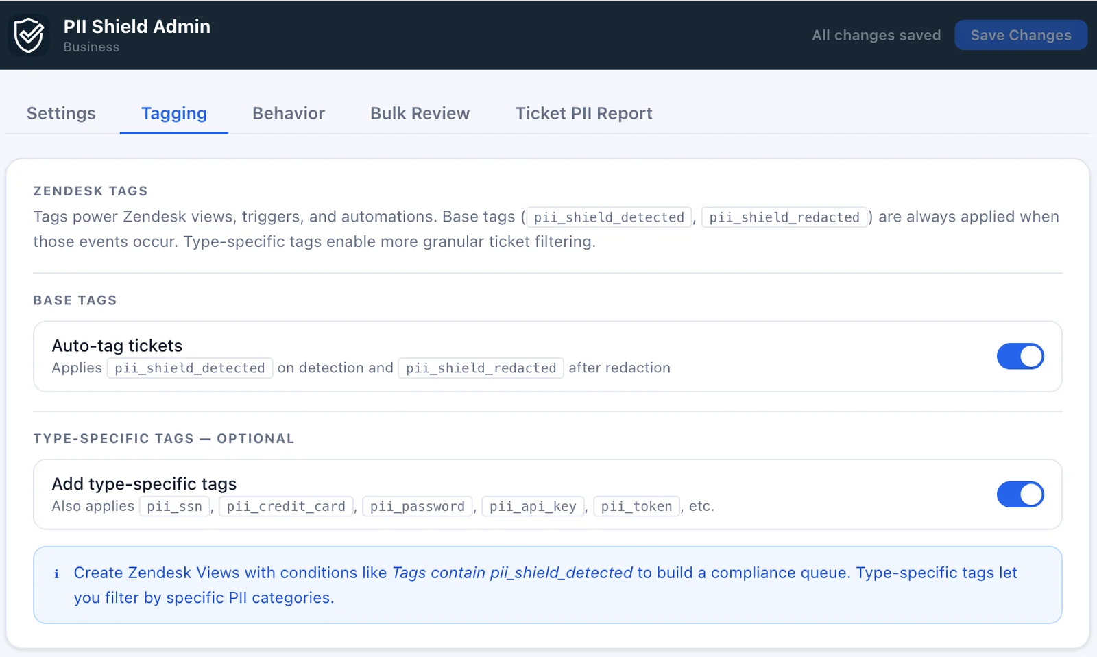 PII Shield tagging settings in Zendesk