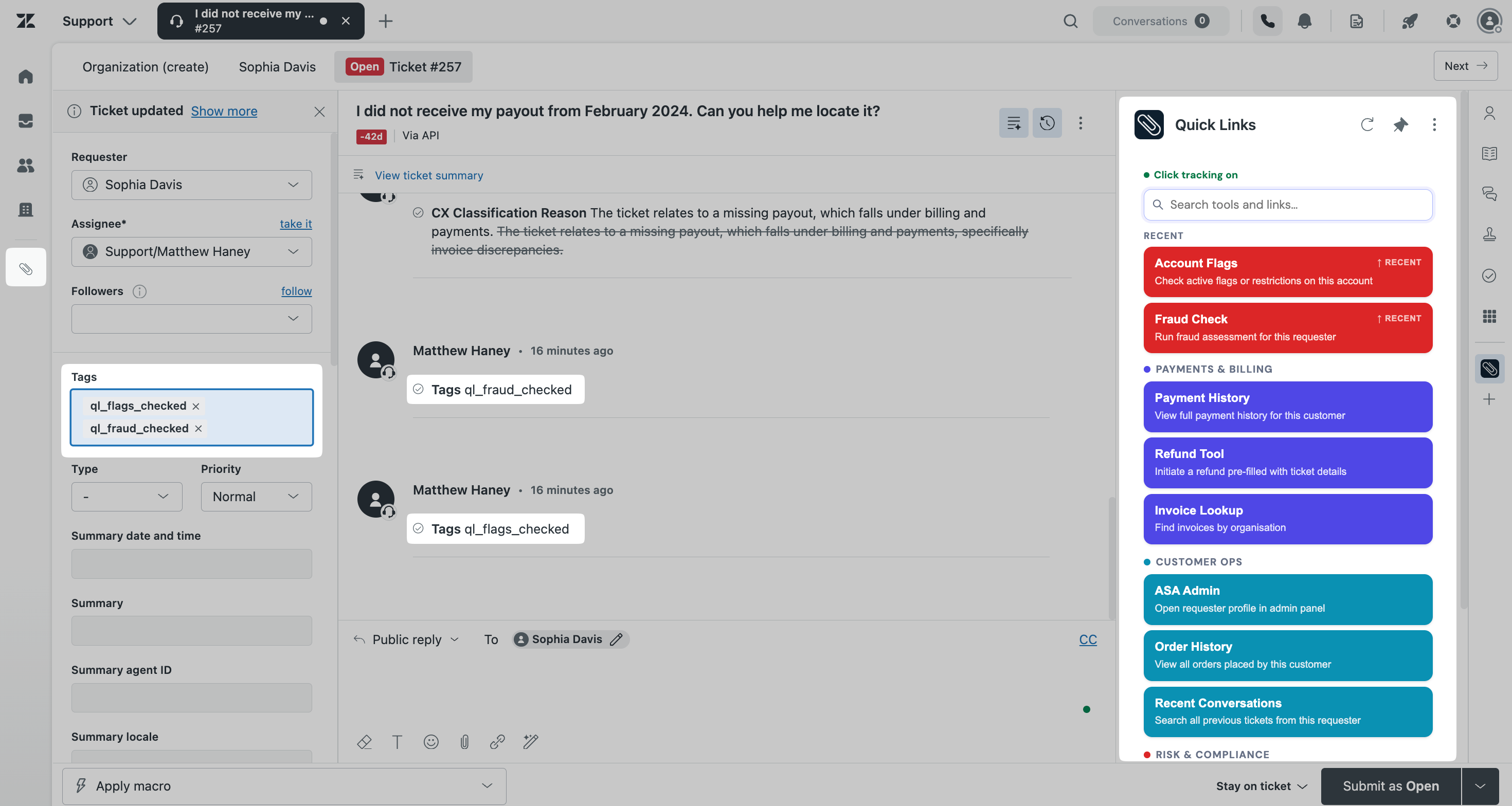 Quick Links sidebar showing a link click tracked with a ticket tag
