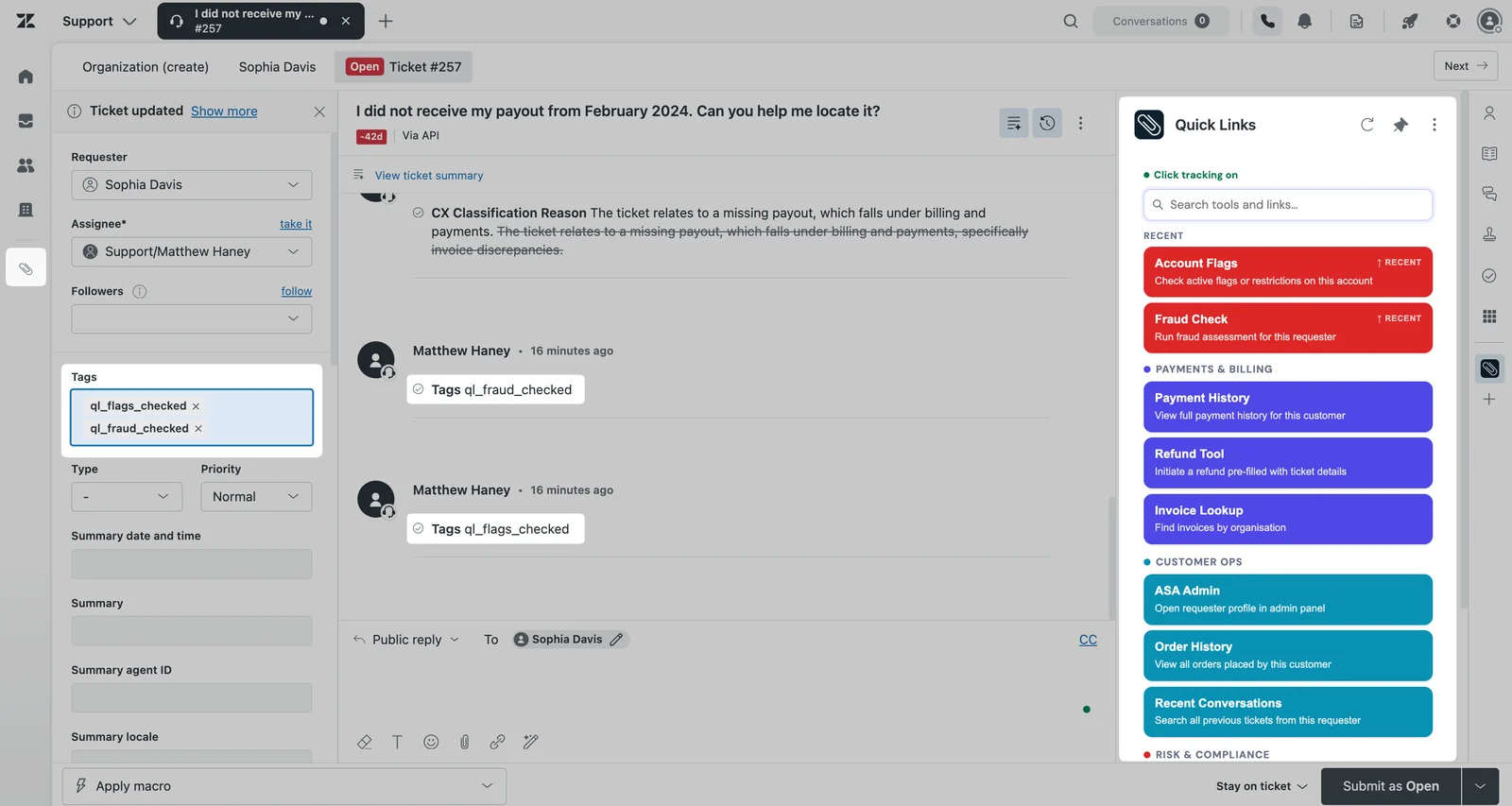 Quick Links sidebar showing a link click tracked with a ticket tag