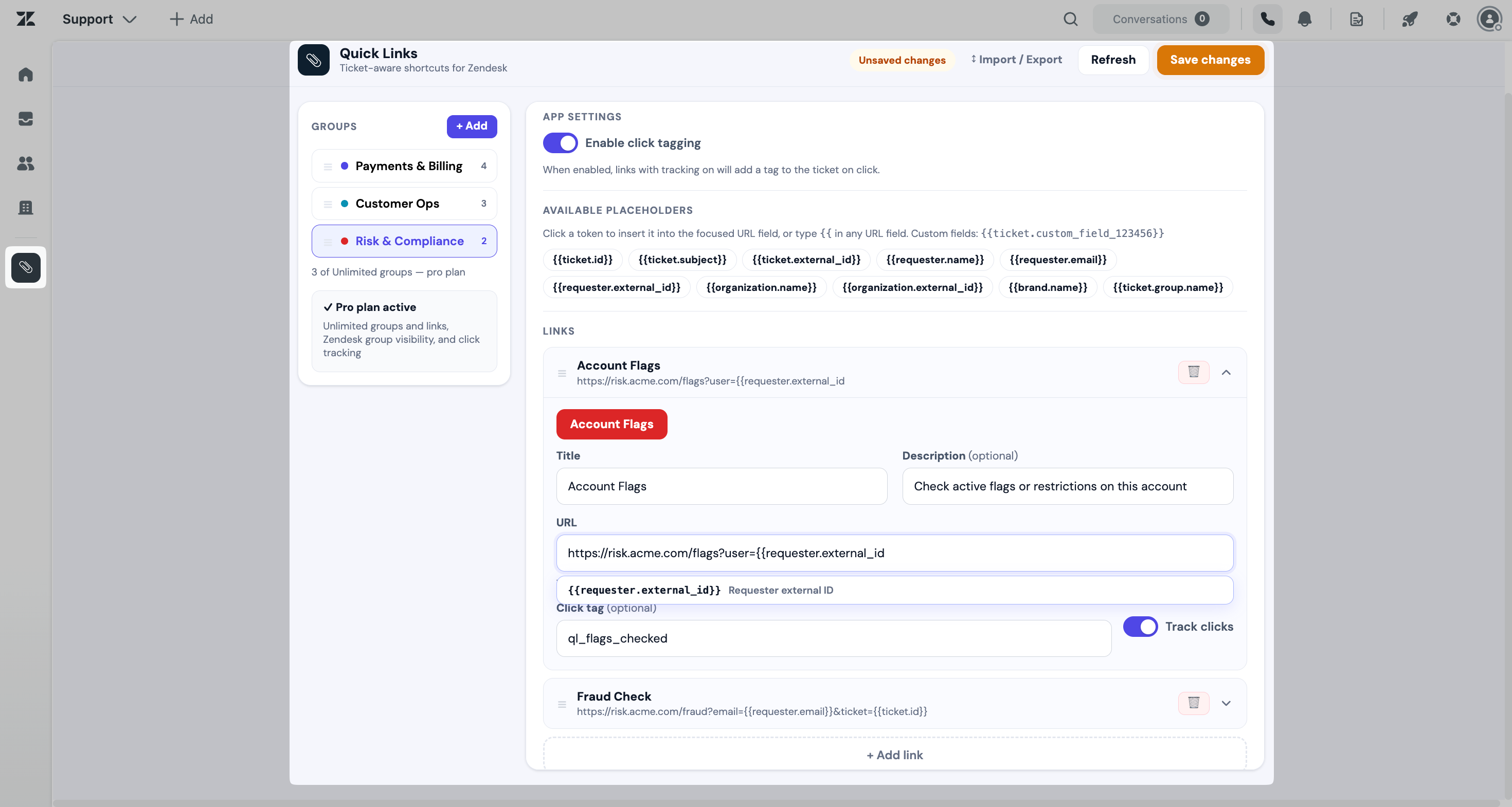 Quick Links admin settings showing groups, visibility, button colors, and placeholders