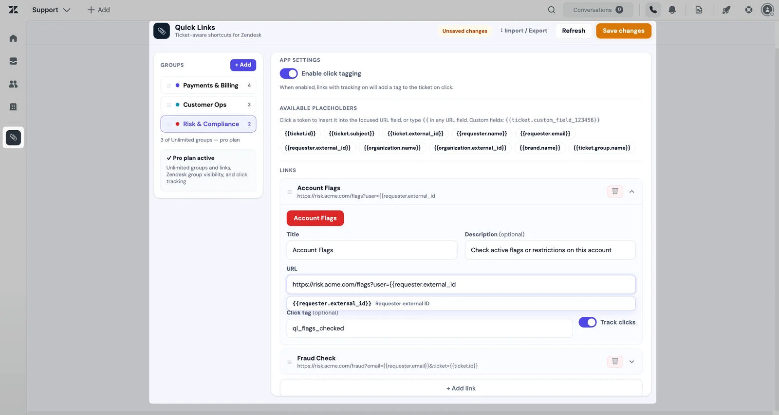 Quick Links admin settings showing groups, visibility, button colors, and placeholders