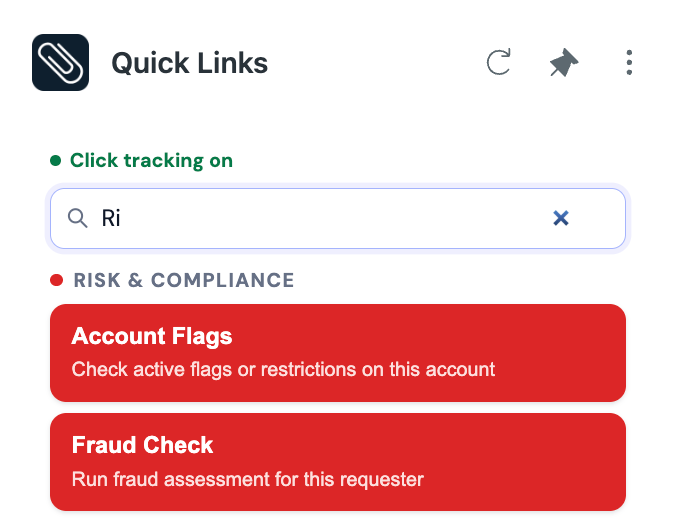 Quick Links sidebar search showing filtered links