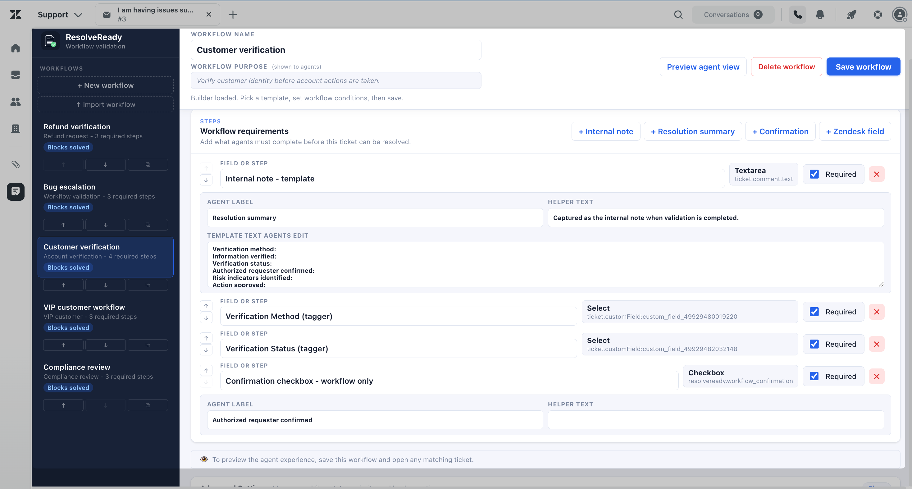 ResolveReady admin workflow builder showing Zendesk fields, confirmations, and internal note templates
