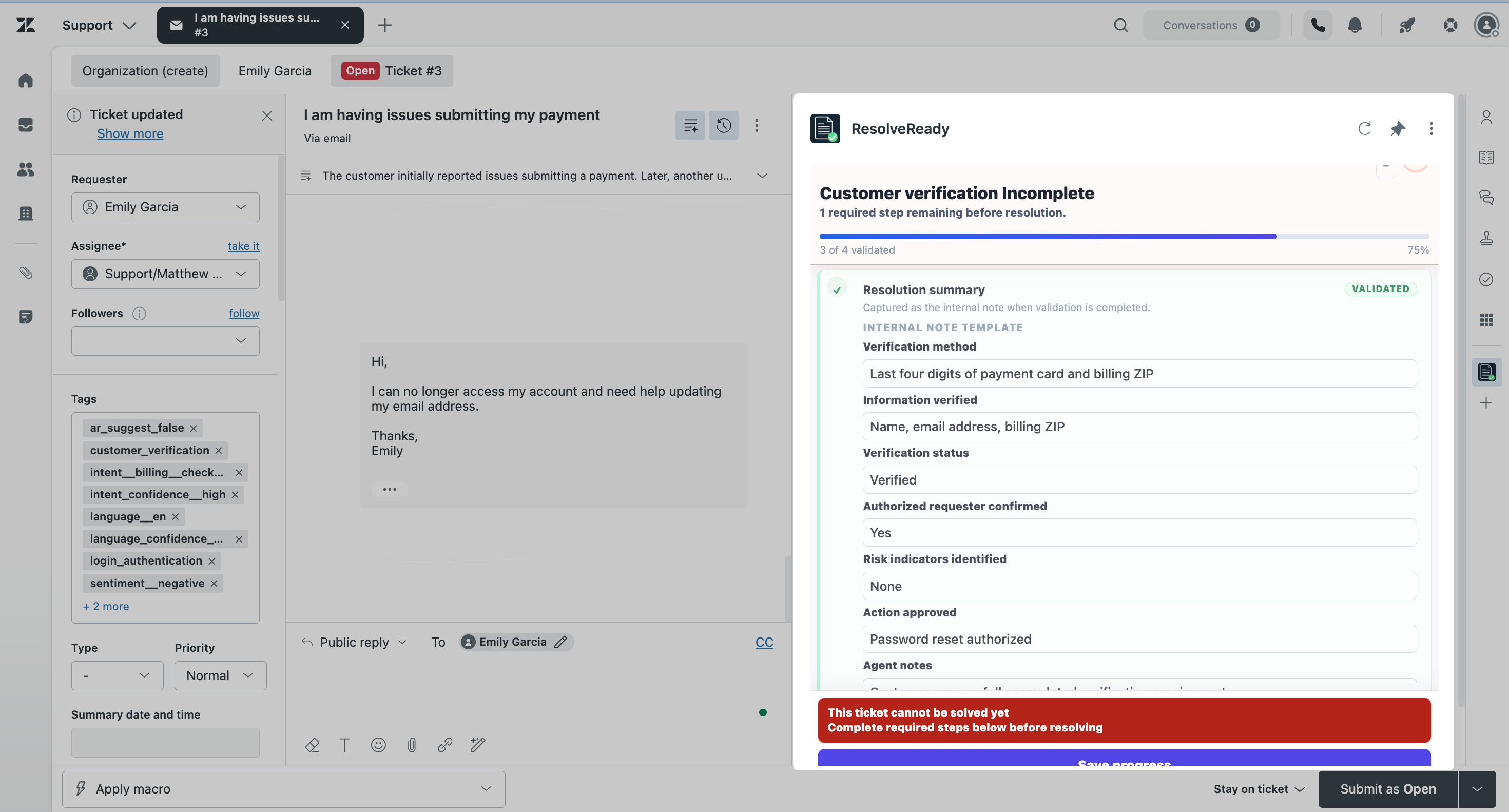 ResolveReady showing an incomplete customer verification workflow that blocks ticket resolution