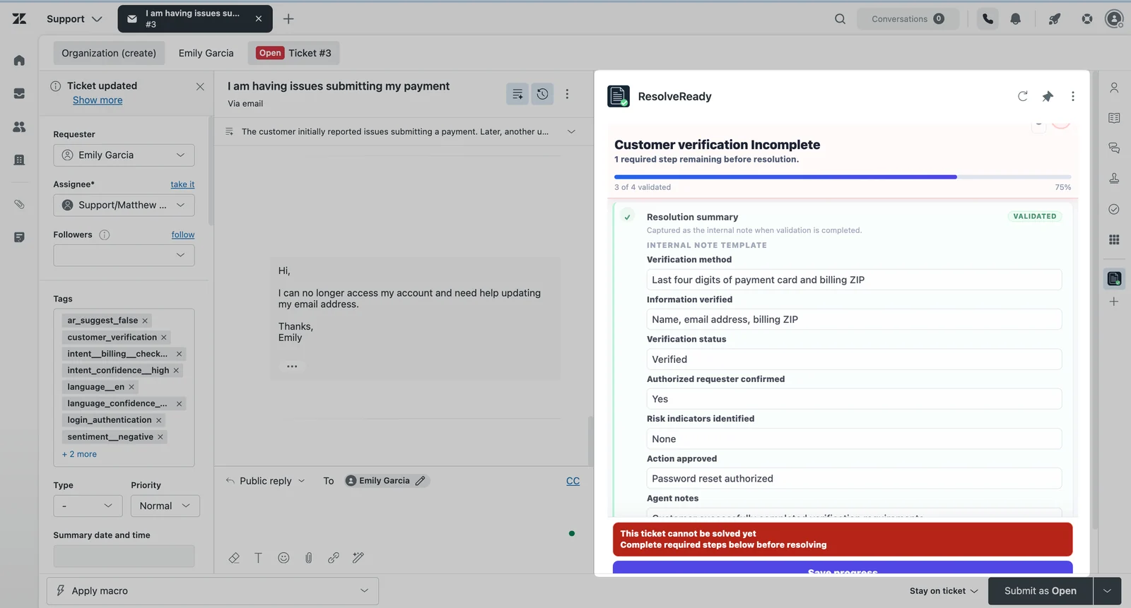 ResolveReady showing an incomplete customer verification workflow that blocks ticket resolution