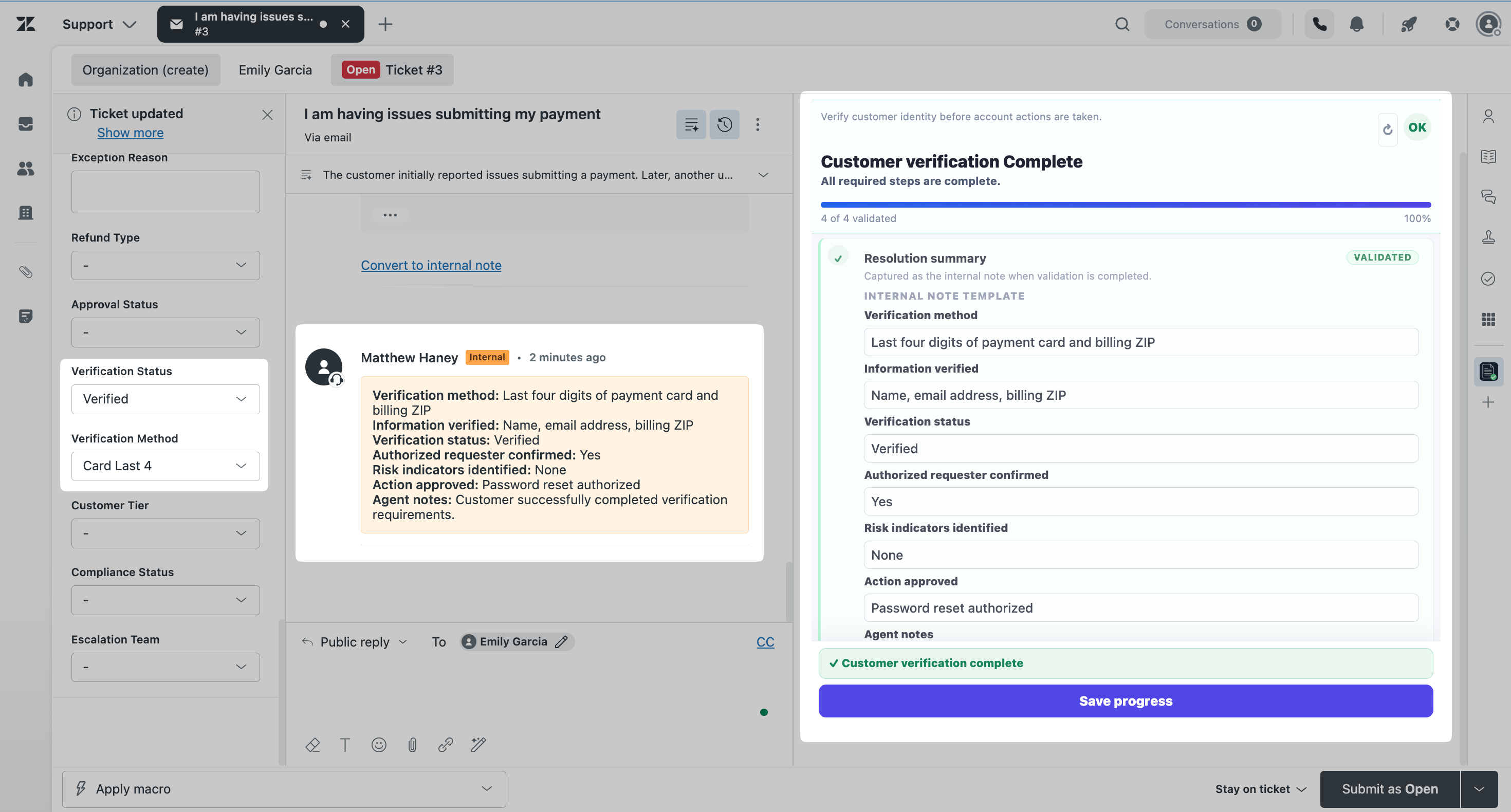 ResolveReady showing a completed workflow with structured internal note documentation