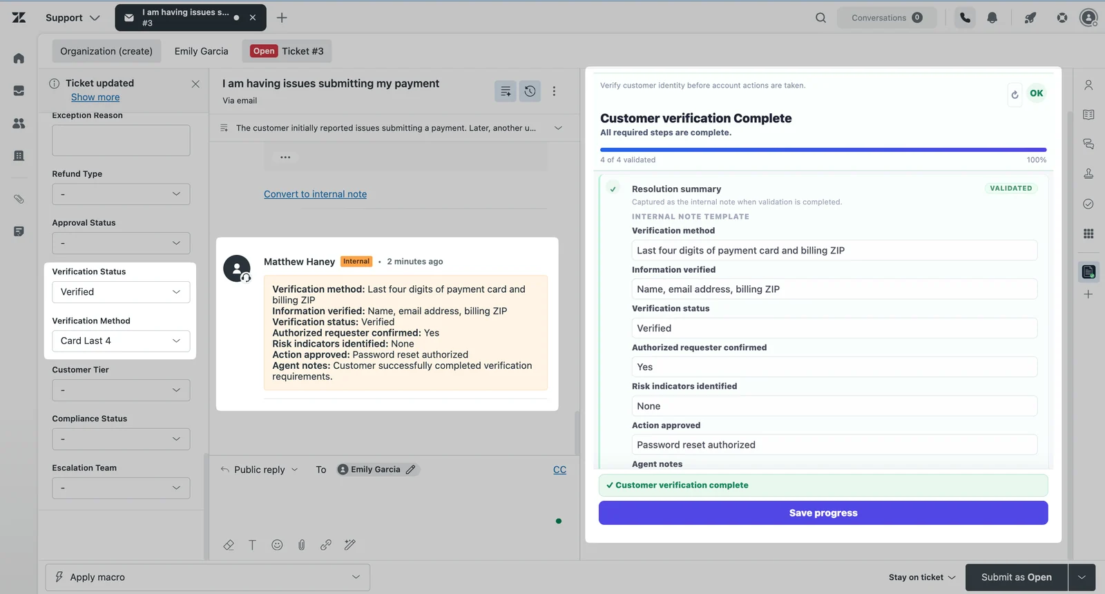 ResolveReady showing a completed workflow with structured internal note documentation