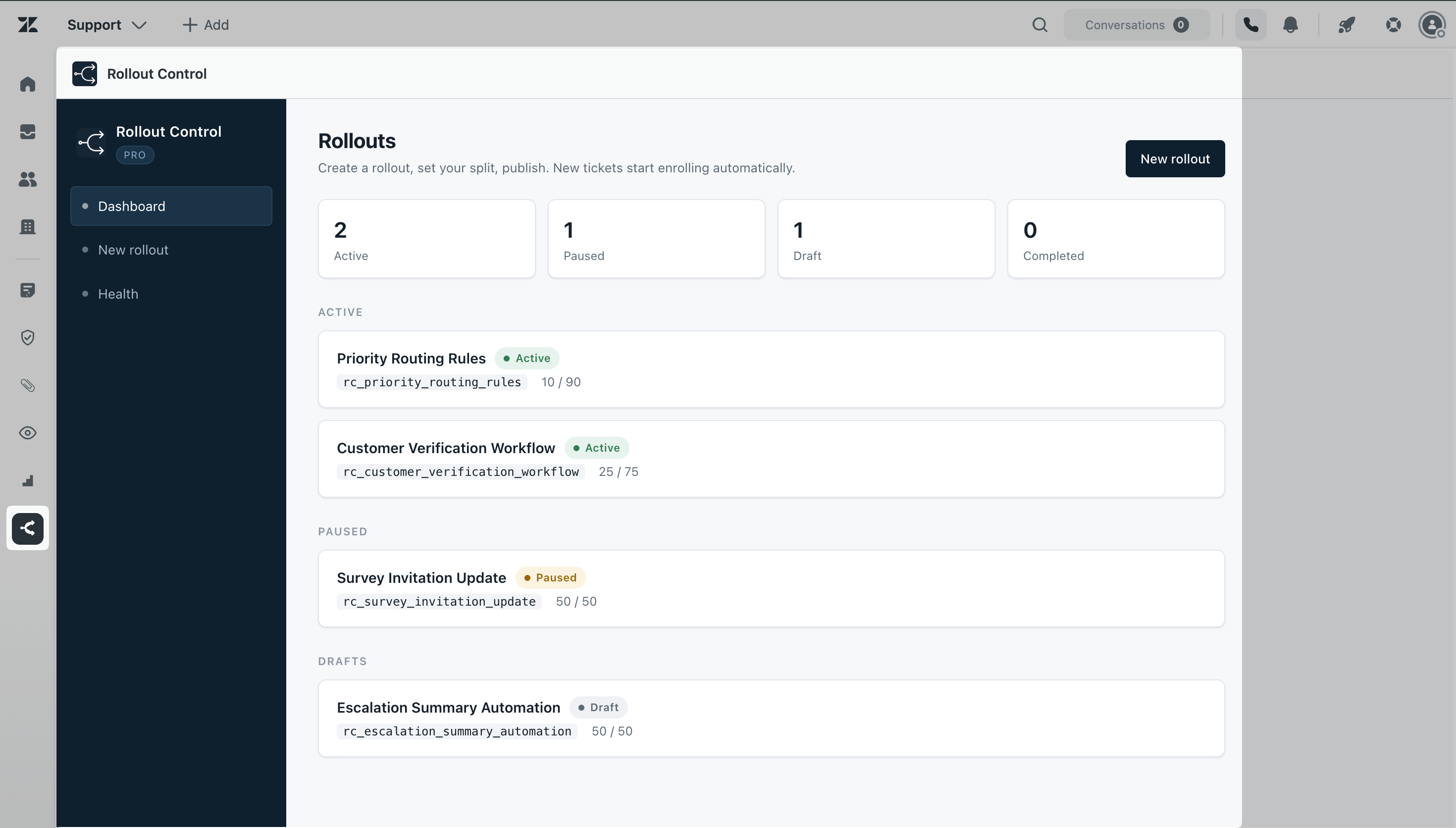 Rollout Control dashboard showing active, paused, and draft rollouts inside Zendesk.