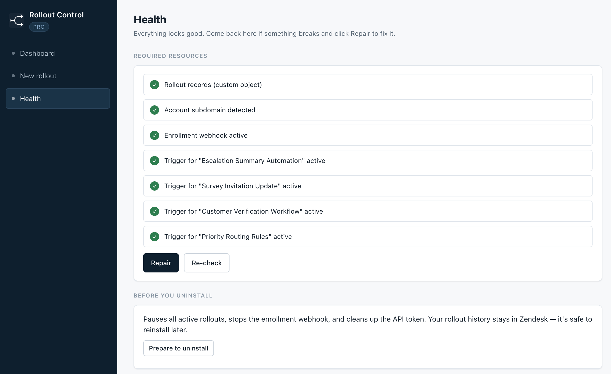 Rollout Control health screen showing Zendesk configuration checks.