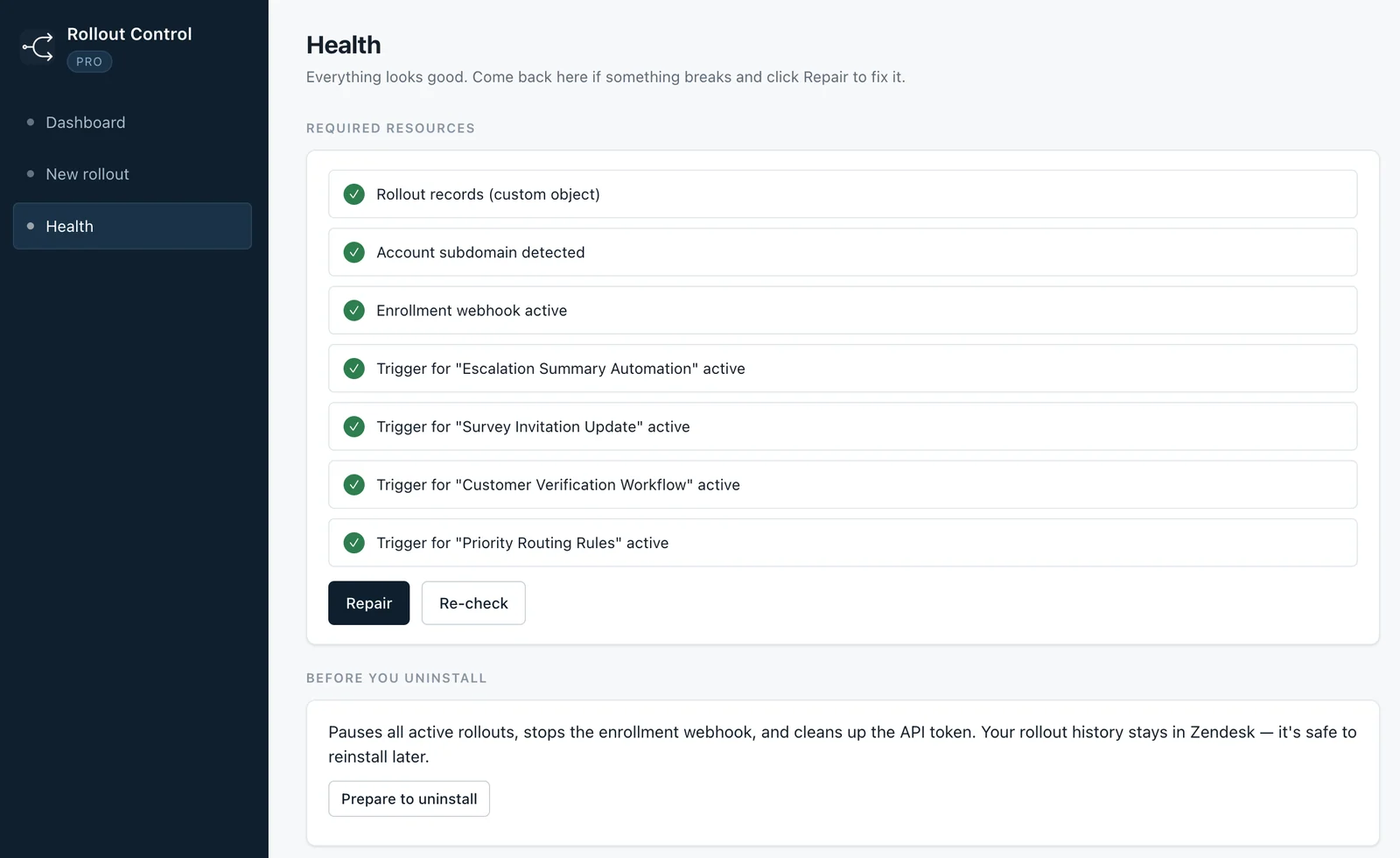 Rollout Control Health screen.