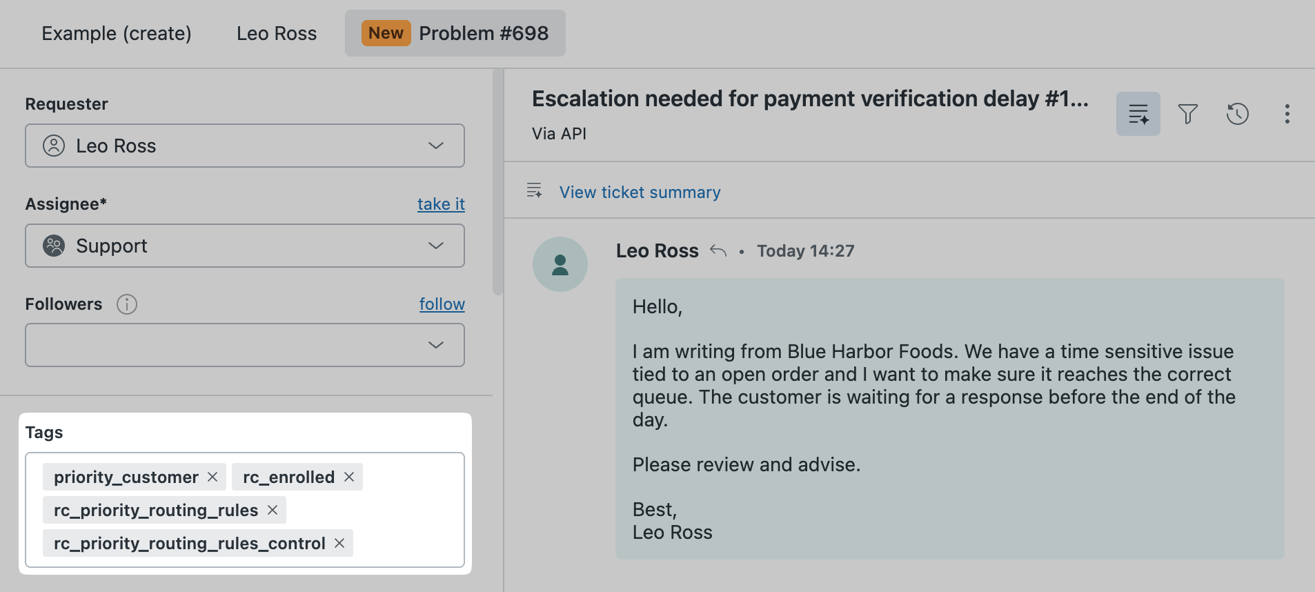 Zendesk ticket showing Rollout Control tags added to an enrolled treatment ticket.